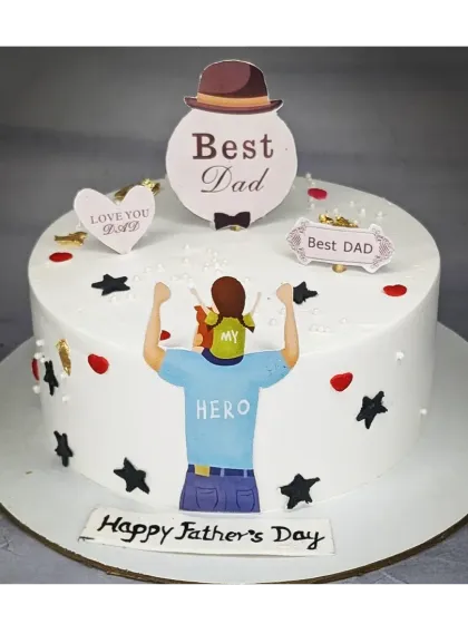 A "Best Dad" cake for Father's Day with a fresh pineapple flavor. This design celebrates Dad as a hero with a sweet illustration.