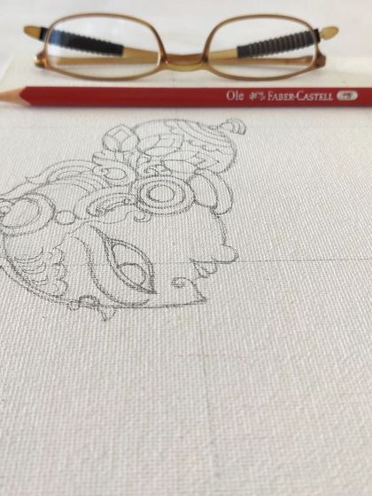 The very first sketch of Krishna's head for the Yashodakrishna painting. Every piece starts with a single, small detail.