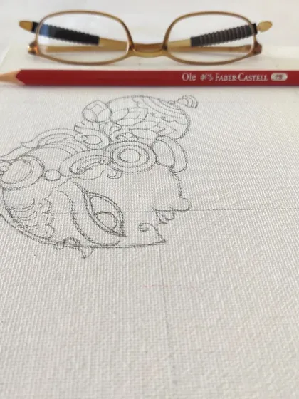 The very first sketch of Krishna's head for the Yashodakrishna painting. Every piece starts with a single, small detail.