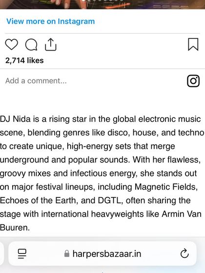 A quote from a Harper's Bazaar article describing my DJ style. They highlighted my ability to blend genres like disco, house, and techno to create unique, high-energy sets.