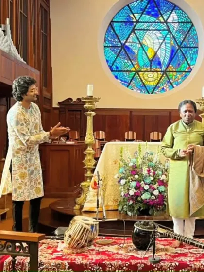 A beautiful venue in Phoenix for a Guru Purnima celebration concert with Ustad Shahid Parvez Khan Sahab. The stained-glass window provided a serene backdrop.