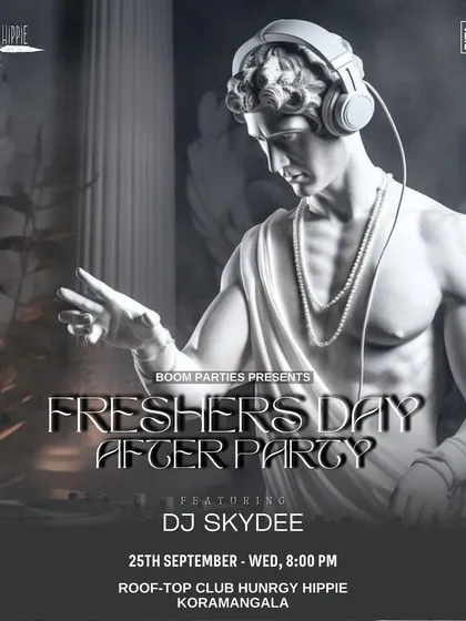 An event poster for a "Freshers Day After Party." I'm experienced in DJing for college fests and youth events, playing the latest Top 40 and commercial hits.