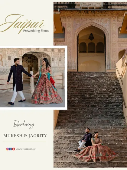 An introductory collage for Mukesh and Jagrity, combining a candid walking shot with a posed one on the steps of Amer Fort.