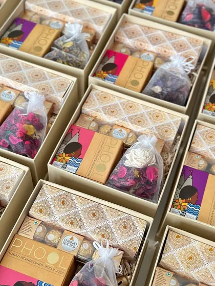 The contents of our corporate Diwali hampers for BDI Plus included Phool incense, Ferrero Rocher chocolates, and fragrant potpourri. We focus on curating quality products that create a cohesive and thoughtful gift experience for employees or clients.