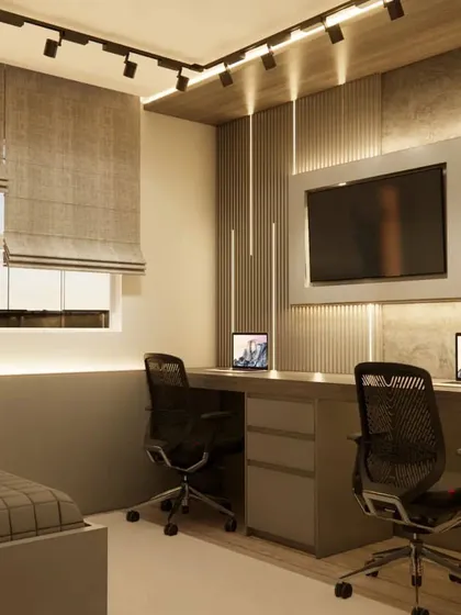 Another view of the dual workstation, showing the effective use of backlighting to create a pleasant working environment.