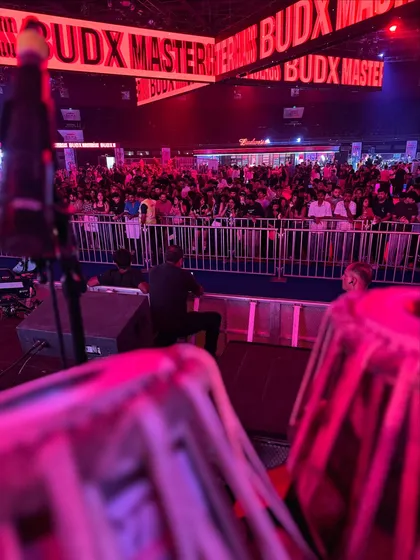 Another view of the packed audience at the BudX Master event. The energy from the crowd was incredible, and it was fun to bring Indian rhythm to this modern setting.