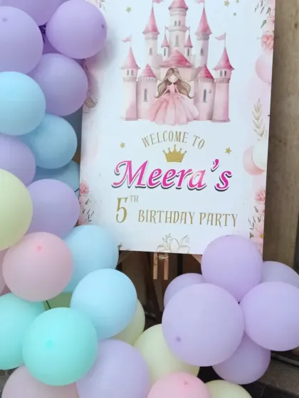 The personalized welcome sign for Meera's 5th princess-themed birthday party.