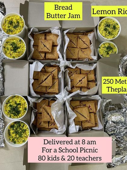 An early morning delivery for a school picnic. I packed Bread Butter Jam sandwiches, Lemon Rice, and 250 Methi Theplas to feed 80 kids and 20 teachers.