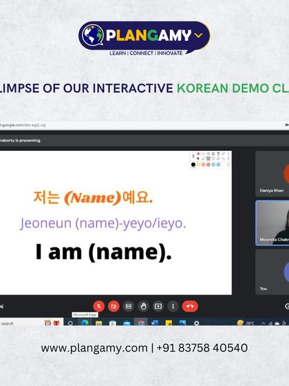 This image from our Korean demo class shows how we teach practical phrases, like how to introduce yourself, in an interactive online setting.