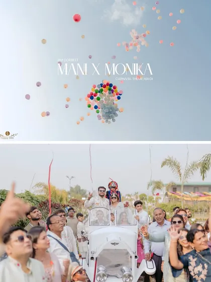 A grand entry for a carnival themed Haldi in Jim Corbett. This shot showcases our ability to capture unique, large scale wedding concepts, from the vintage car and colorful balloons to the cheering crowd, telling a story of a celebration that is anything but ordinary.