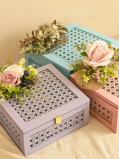 Each hamper I curate is given a personalized touch and a feeling of love. These beautiful cane boxes in pastel shades are from my Rakhi edit, ready to be filled with goodies.