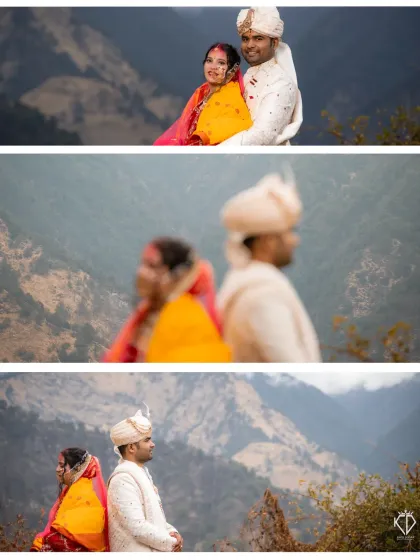 A series of portraits of the couple against the mountain landscape, showcasing different poses and the stunning natural beauty of Uttarakhand.