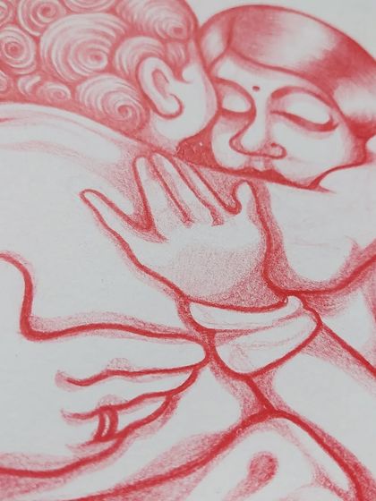A close-up on the hands and embrace, the central point of connection in the illustration.