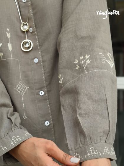 A close-up of the sleeve of a Bagh collection shirt. Each motif is a celebration of the birds and flowers found in a garden, translated into geometric patterns with care and tradition.