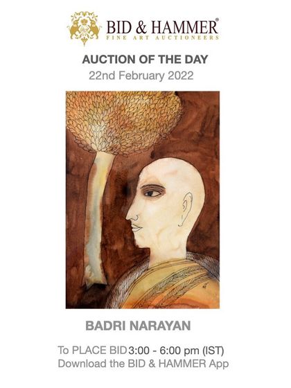 An untitled watercolour on paper by Badri Narayan from 2002. This piece showcases his use of natural imagery and a contemplative, Zen-like quality in his portrayal of the human form against a simple, earthy background.