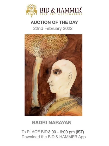 An untitled watercolour on paper by Badri Narayan from 2002. This piece showcases his use of natural imagery and a contemplative, Zen-like quality in his portrayal of the human form against a simple, earthy background.