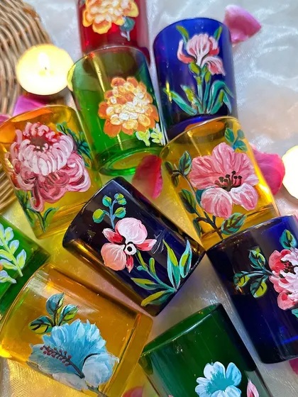 More of our colorful and festive candle holders, ready for Diwali.