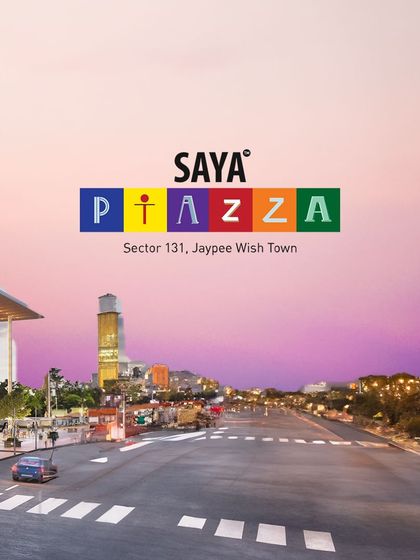 A wide-angle view of Saya Piazza, showcasing its location and modern aesthetic. This image serves as an invitation to explore what makes our project the premier investment and leisure destination in Noida.
