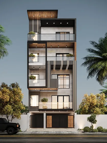 A second exterior design option for the Faridabad duplex. This render presents a slightly different configuration of balconies and material placement, offering the client a clear choice in the final look of their home.