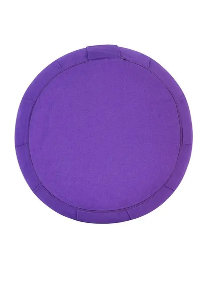 A top-down view of the purple zafu meditation pillow, showing its circular shape and pleated design.