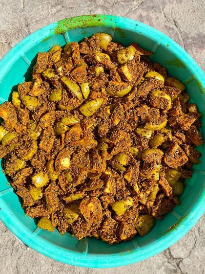 A full tub of our Punjabi Aam ka Achaar getting ready. We make our pickles in small batches to maintain the authentic homemade taste and quality in every single jar.