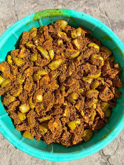 A full tub of our Punjabi Aam ka Achaar getting ready. We make our pickles in small batches to maintain the authentic homemade taste and quality in every single jar.