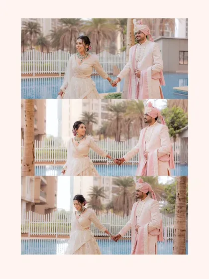 This collage shows the beautiful, flowing movement as the couple walks together. It's a great way to capture the candid interactions and the elegance of their wedding attire.