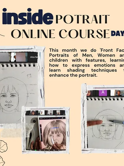 A look inside Day 1 of our online portrait course. This month, we are focusing on 'Front Face' portraits, learning features, expressions, and shading techniques.