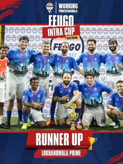 The runners-up, Lokhandwala Prime, celebrating a fantastic tournament run. The level of competition and sportsmanship was outstanding throughout the Intra Cup.