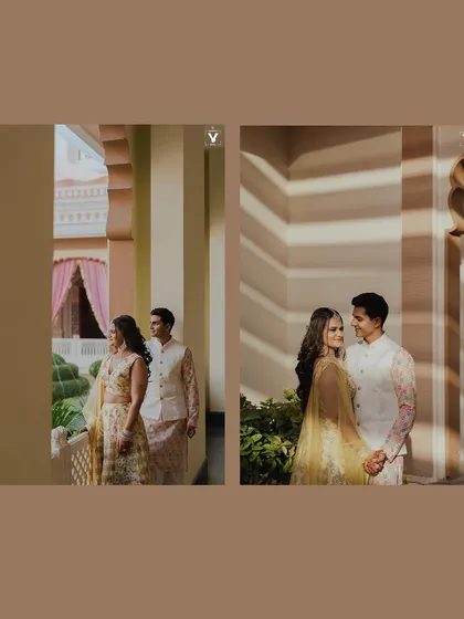 A collage showing the couple during their Haldi ceremony. The play of light and shadow in the second frame adds a beautiful, artistic quality to their portrait.