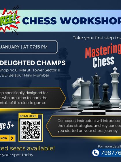 We regularly host free workshops for beginners to get their first taste of the game. This is an advertisement for a past event at our Navi Mumbai center, designed to introduce children aged 5 and up to the rules and strategies of chess.