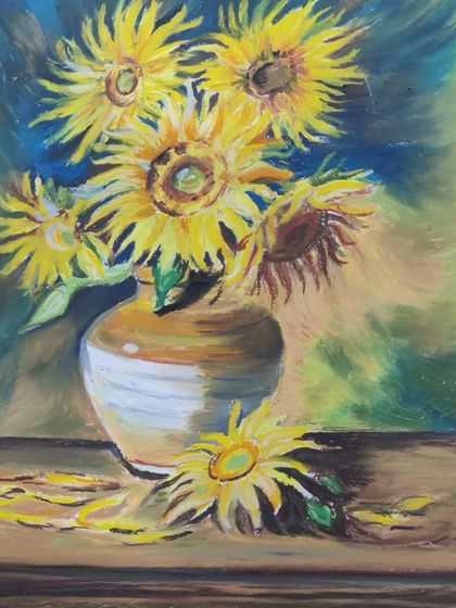 An adult student uses oil pastels to recreate a famous sunflower painting, learning blending techniques for this rich medium.
