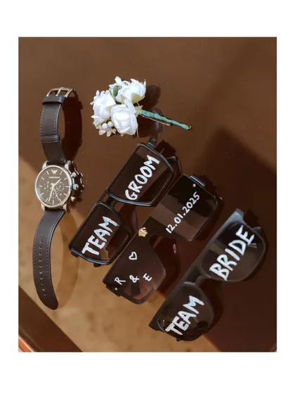 It's the little details that tell the story. Custom sunglasses for the bride, groom, and their teams add a fun, personal touch to the wedding day.