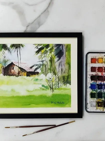 This watercolor landscape of a cabin surrounded by lush greenery was painted at home. It's amazing what you can create with just a few brushes and a palette.