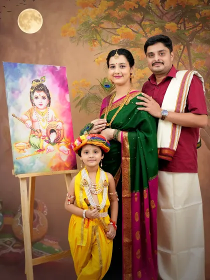 A complete family portrait from our Krishna-themed session. The entire family comes together to create a beautiful, story-driven image that celebrates their heritage and their growing family.