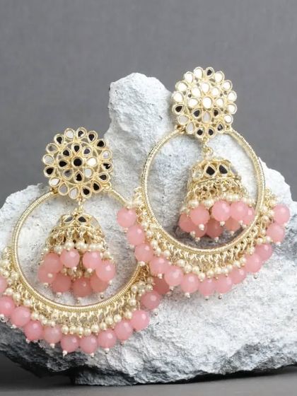 "Ye teri Chandbaliyan." Our mirror work chandbali hoops in a lovely pastel pink. The combination of mirrors, beads, and the jhumki in the center is simply stunning.