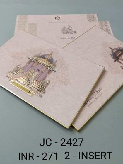 A beautiful invitation featuring a 3D illustration of a wedding ceremony inside a mandap. The design is traditional and has a lovely, celebratory feel.