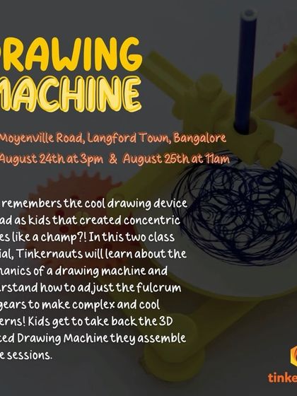 This flyer for our Drawing Machine workshop shows what kids will learn. They get to assemble their own 3D-printed machine and understand the mechanics of gears and fulcrums to create complex patterns.