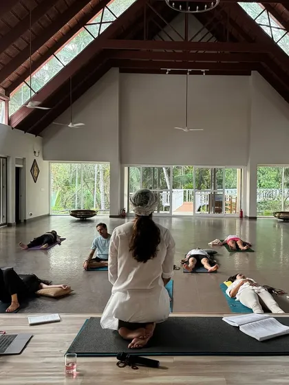 A Kundalini yoga session in our beautiful Kerala shala. Here, I am guiding the class through a kriya, holding the space for each person to have their own experience and connect with their inner teacher.