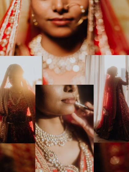 A collage of artistic bridal portraits, showcasing different angles, lighting, and moods of the bride Kavita on her special day.