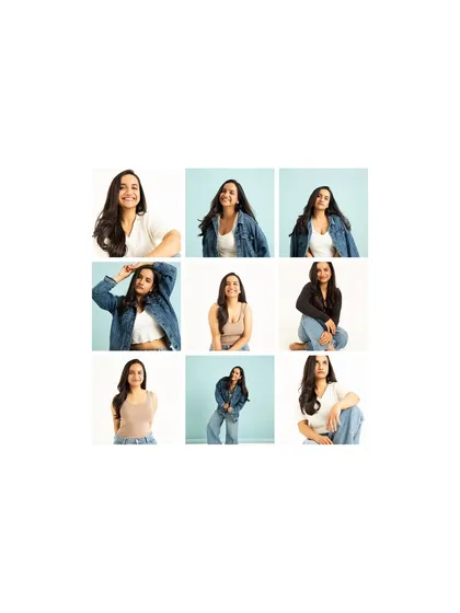 A contact sheet style grid showcasing the variety of expressions and poses we captured during our session with Urooj Ashfaq, perfect for an actor's portfolio.