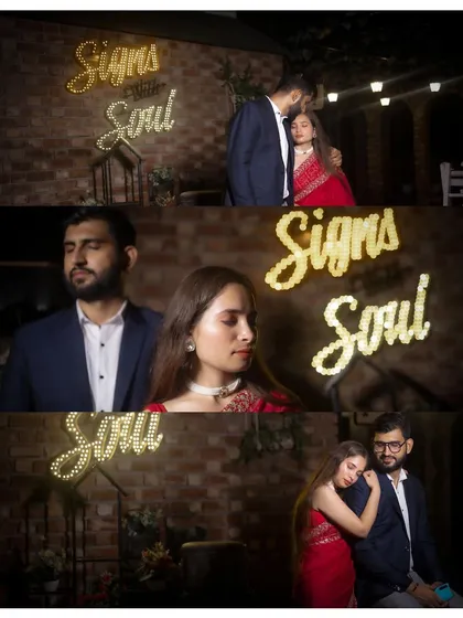 A collage from a night pre-wedding shoot featuring a neon sign. The moody lighting and romantic poses create a cool, urban vibe for the couple's photos.