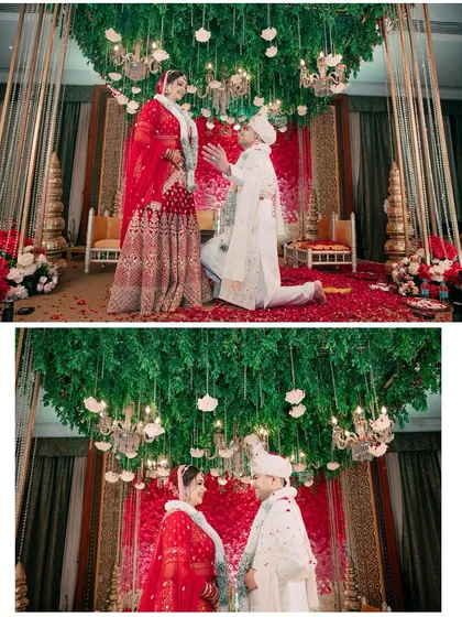The groom gets down on one knee at the mandap, a modern romantic gesture blended with ancient tradition. We capture how couples make their wedding uniquely theirs.