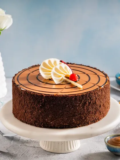 A butterscotch cake with a smooth glaze and chocolate drizzle, presented on a white cake stand against a soft blue background for a clean, professional look.