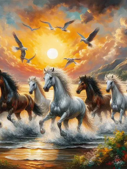 According to Vaastu Shastra, a painting of seven running horses symbolizes success, power, and momentum. We create powerful, dynamic horse paintings like this one to bring that energy into your home or office, tailored to your specific decor and size requirements.