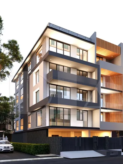 A render for an upcoming residential project for Emaar in Gurgaon, featuring a sophisticated, dark-toned facade. The design emphasizes horizontal lines with prominent balconies and a distinct material separation between floors, creating a sleek and contemporary urban home.