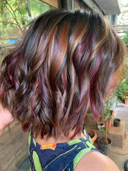 Another view of this bold bob, showing the interplay of the different warm and cool tones.