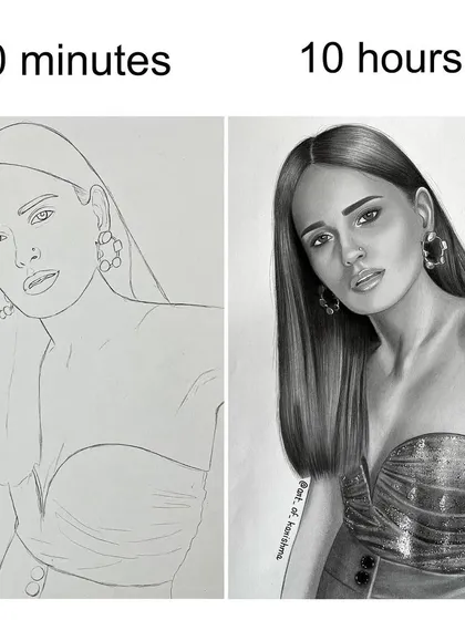 Outline versus final sketch. This shows the transformation from a simple 20 minute outline to a fully rendered portrait that took 10 hours to complete.