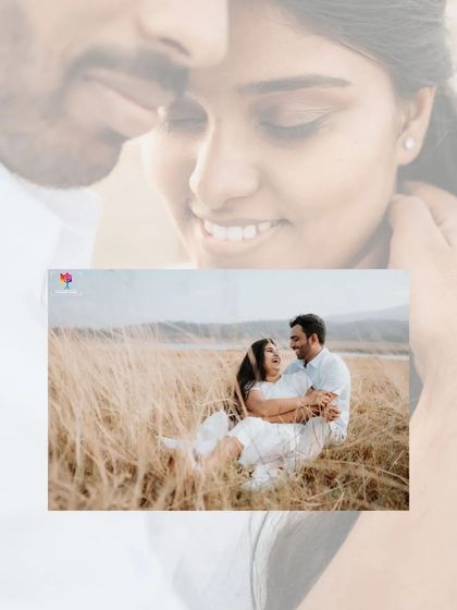 A dreamy, layered collage focusing on the couple's laughter and joy while sitting in a field of tall grass.