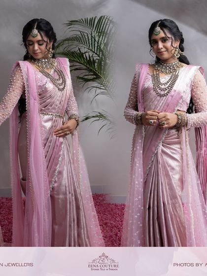 From my Maharani Series, this light pink Kanjivaram saree is where tradition meets modern artistry. I've adorned it with intricate zardozi and paired it with a net handwork blouse and a regal dupatta, a tribute to the ancient queens of India.